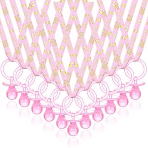 Junkin 60 Pieces Baby Shower Pacifiers Necklace Acrylic Pacifiers Necklace Charm for Baby Shower Party Favors Decorations, Women Style(Pink, Gold)