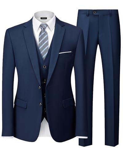 MY'S Men's 3 Piece Slim Fit Suit Set, 2 Button Blazer Jacket Vest Pants with Tie, Solid Wedding Dress Tux and Trousers Deep Blue Size L