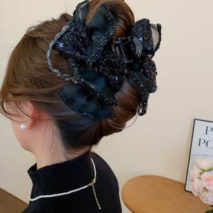 Gothic Bow Hair Claw Clip Halloween Black Satin Rhinestone Hair Accessories Elegant Rhinestone Bow Claw Clip Wedding Party Vintage Hair Accessorie for Women