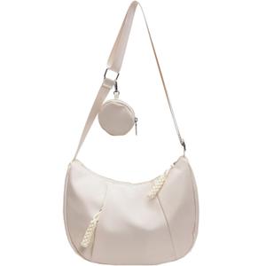 Crescent Shoulder Bag for Women Nylon Crossbody Purses Trendy Hobo Bags Medium Sling Bag Travel Slouchy Dumpling Bag (Off-white)