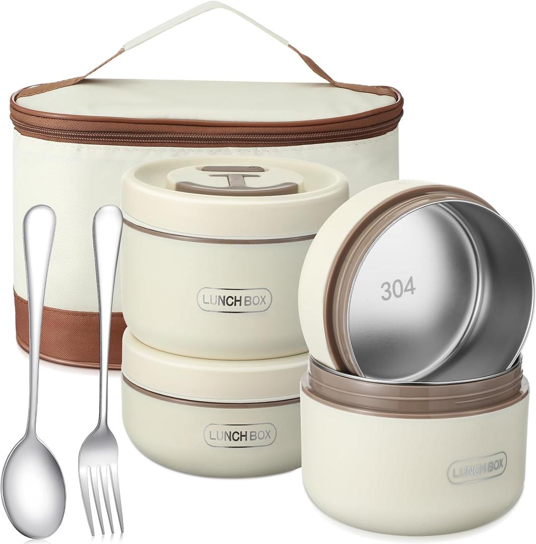 Dandat 4 Pcs Insulated Bento Box Portable Stainless Steel Food Container Round Microwave Safe Stackable Leakproof Thermal Food Container for Adult Men Women with Insulated Bag, 74 oz(Beige)