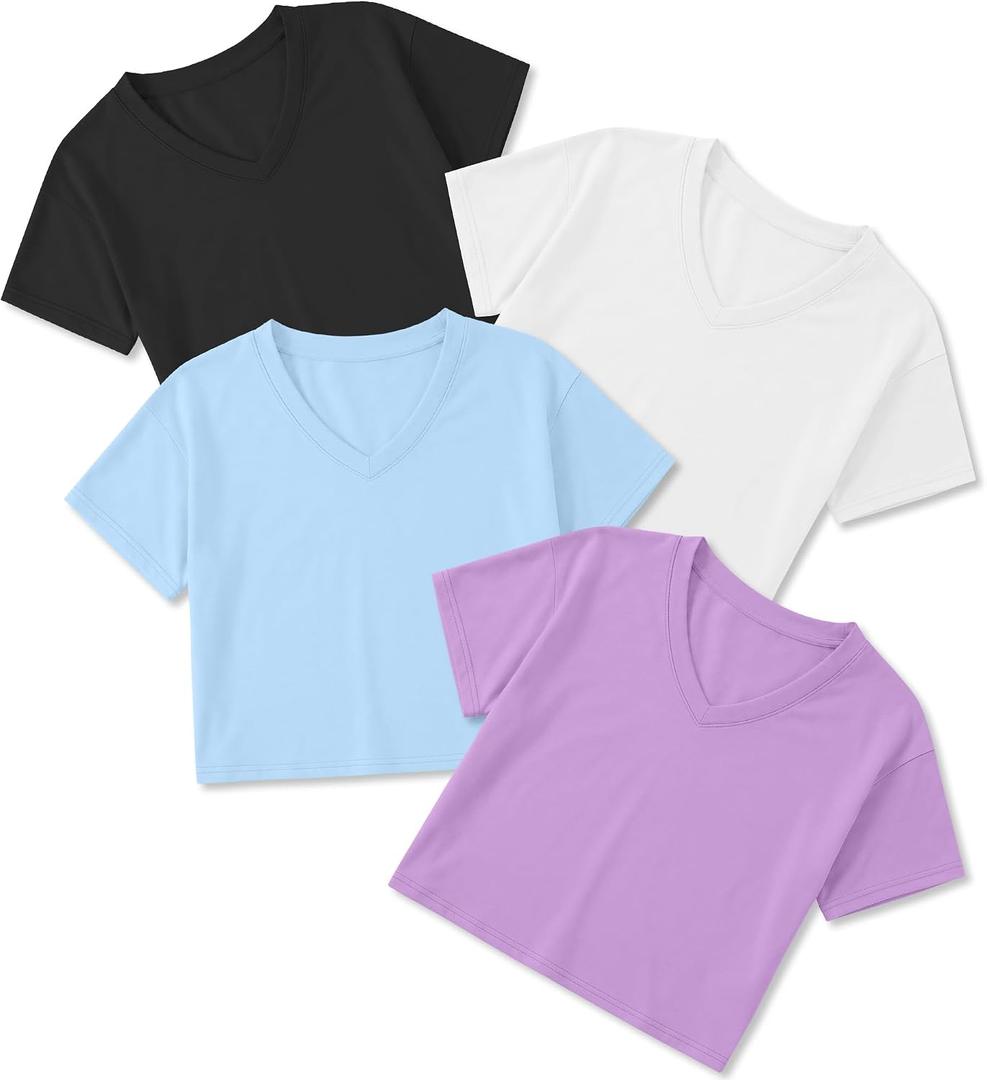 4 Pack Girls Crop Tops Teens Athletic Workout Tees Summer Loose Fit V Neck Short Sleeve T Shirts for Kids Ages 5-14