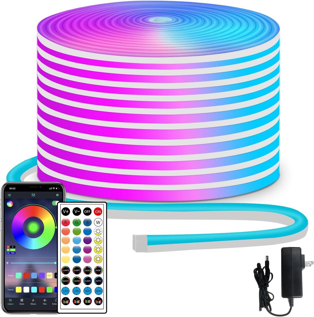 segrass 50ft RGB LED neon Rope Lights LED neon Strip Lights with Remote Control/APP Control IP65 24V Waterproof Flexible Neon LED Strip Lights,Led Lights for Bedroom Room Outdoors Dcor