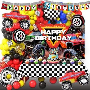 GmeFive Monster Big Truck Machine Jame Birthday Decorations Set Including Backdrop, Balloon Garland, Banner, Tablecloth, Cake Topper