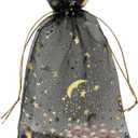 Jexila 100PCS Black Organza Gift Bags 4X6 Small Mesh Bags Drawstring Jewelry Pouch Halloween Goodie Treat Bag Moon Star for Birthday Party Favor Candy Bag