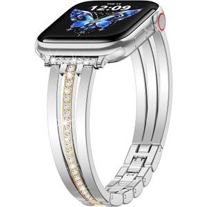 KOREDA Slim Gold Band Compatible for Apple Watch Band 38mm 40mm 41mm 42mm 44mm 45mm 46mm 49mm Series 11 10 9 8 7 SE Ultra Women, Thin Metal Dressy Jewelry Bracelet with Bling Diamond for iWatch Series 6/5/4/3/2/1