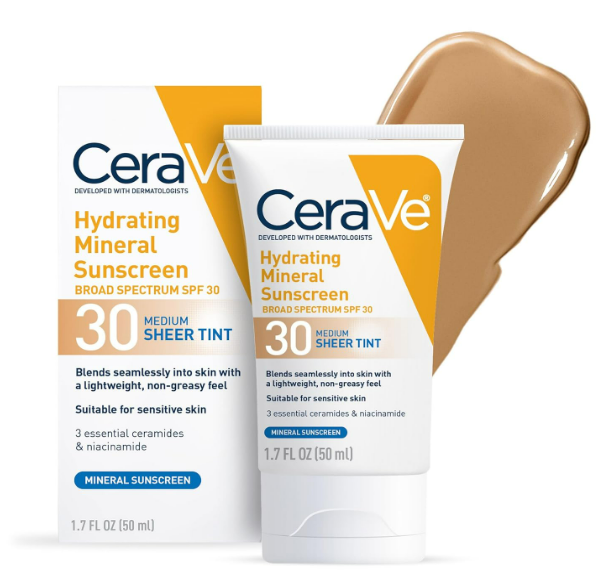 CeraVe Hydrating Mineral Sunscreen SPF 30 with Sheer Tint, Tinted Mineral Sunscreen with Zinc Oxide & Titanium Dioxide, Blends Seamlessly For Healthy Glow, Medium, 1.7 Fluid Ounce