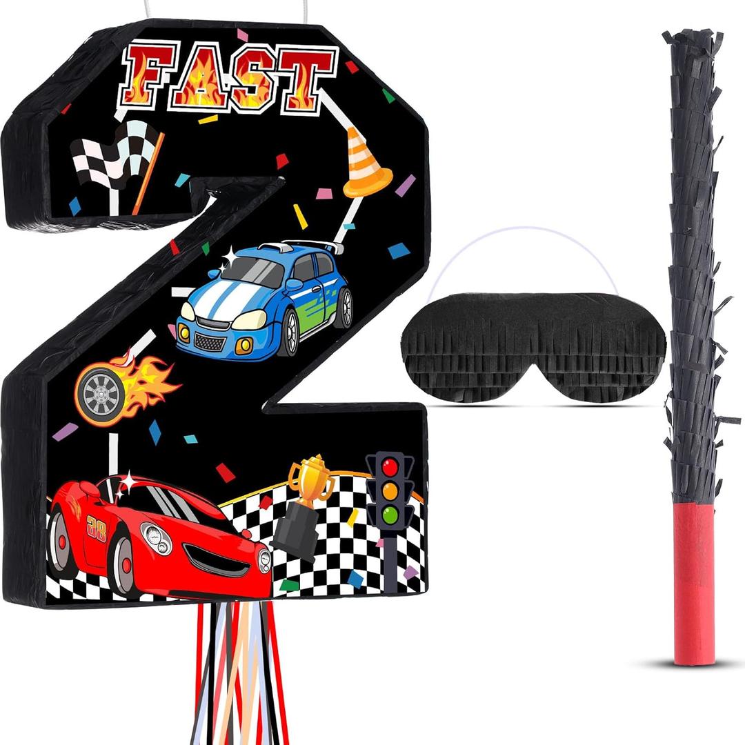 Race Car Piata Pull String Cars Piatas for Birthday Party Decorations Number 2 3 4 5 6 with Blindfold Stick Small Red Black Racing Theme 2nd 3rd 4th 5th 6th Party Supplies(Number 2)
