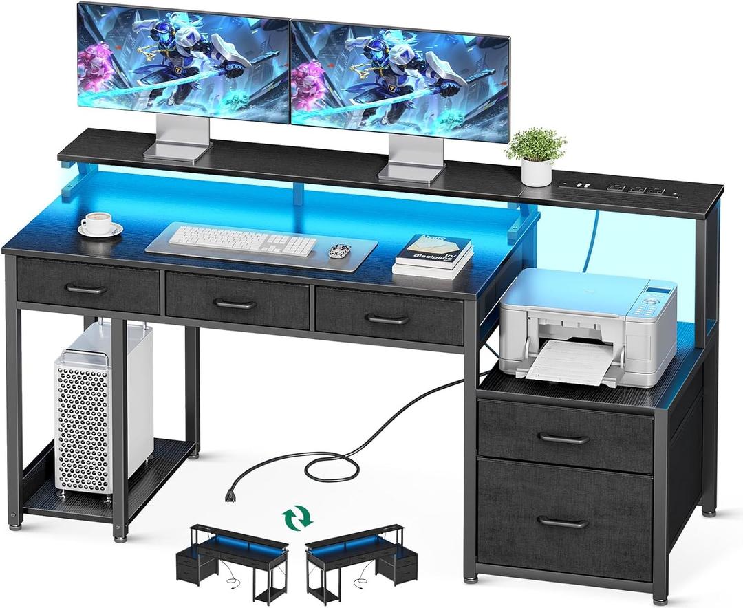 AODK 55 Inch Computer Desk with 3 Drawers and File Cabinet for Storage, Office Desk with Monitor Stand and LED Lights, Home Office Desks, Black