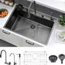 30x18 Black Drop In Kitchen Sink with Faucet - 16 Gauge Stainless Steel Waterfall Sink, Top Mount Single Bowl Kitchen Sink Include Drinking Water Faucet Soap Dispenser,Cup Washer, 30"D x 18"W x 10"H