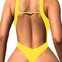 Sexy Backless Cheeky High Cut Leg Thong V Neck One Piece Swimsuit (Small, Yellow)