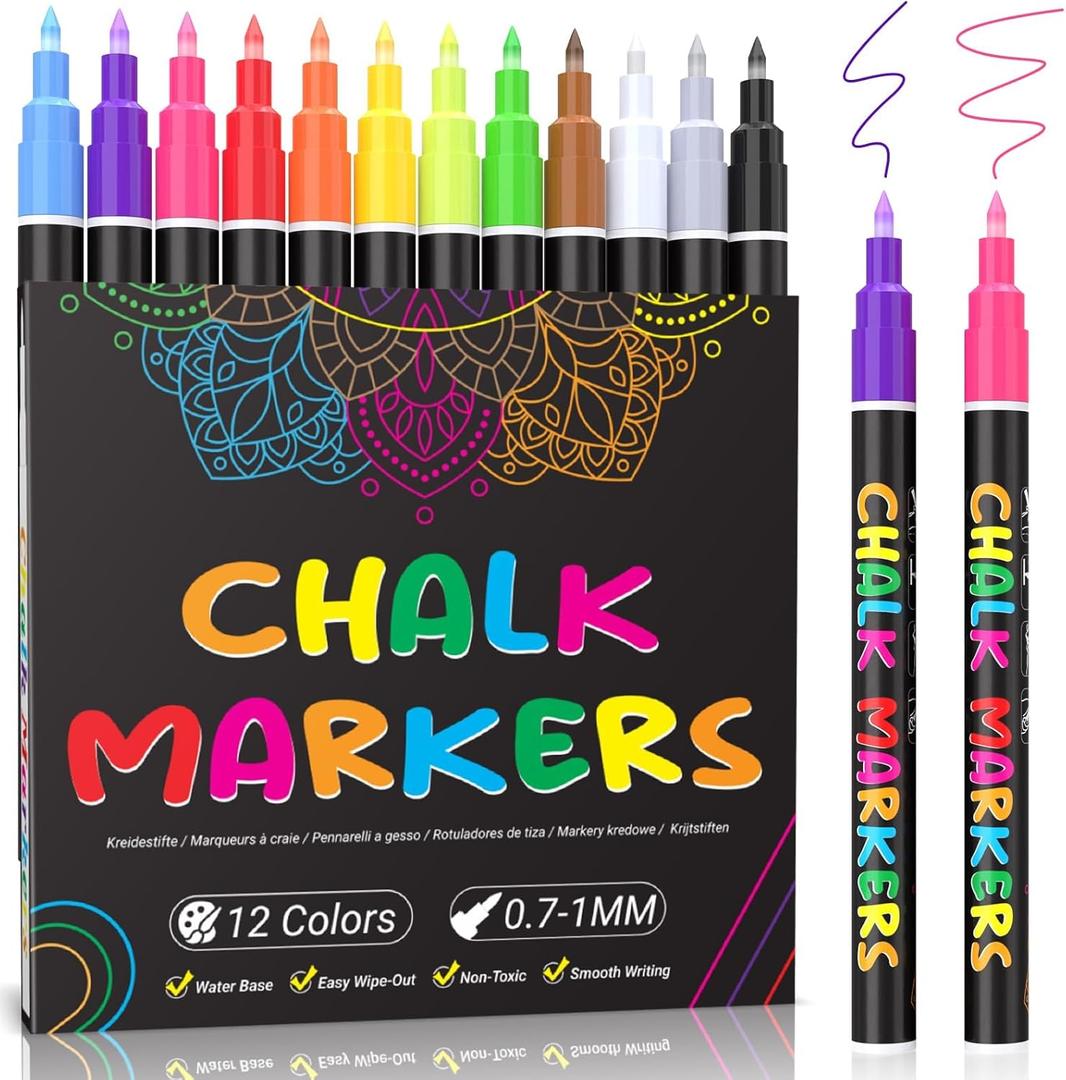 KERIFI Liquid Chalk Markers Fine Tip 1.0mm, 12 Colors Wet Erase Makers for Chalkboard Calendar, Erasable Chalk Pens for Chalkboard, Blackboard, Bistro, Menu, Glass, Wedding Signs, 45 Labels Included