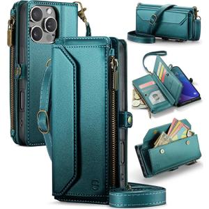 Wallet Case Compatible with iPhone 16 Pro 6.3" RFID Blocking 10-Card Holder Soft PU Leather Magnetic Snap Shoulder Strap Zipper Pocket Phone Case Fit for iPhone 16 Pro for Women - Blue Green