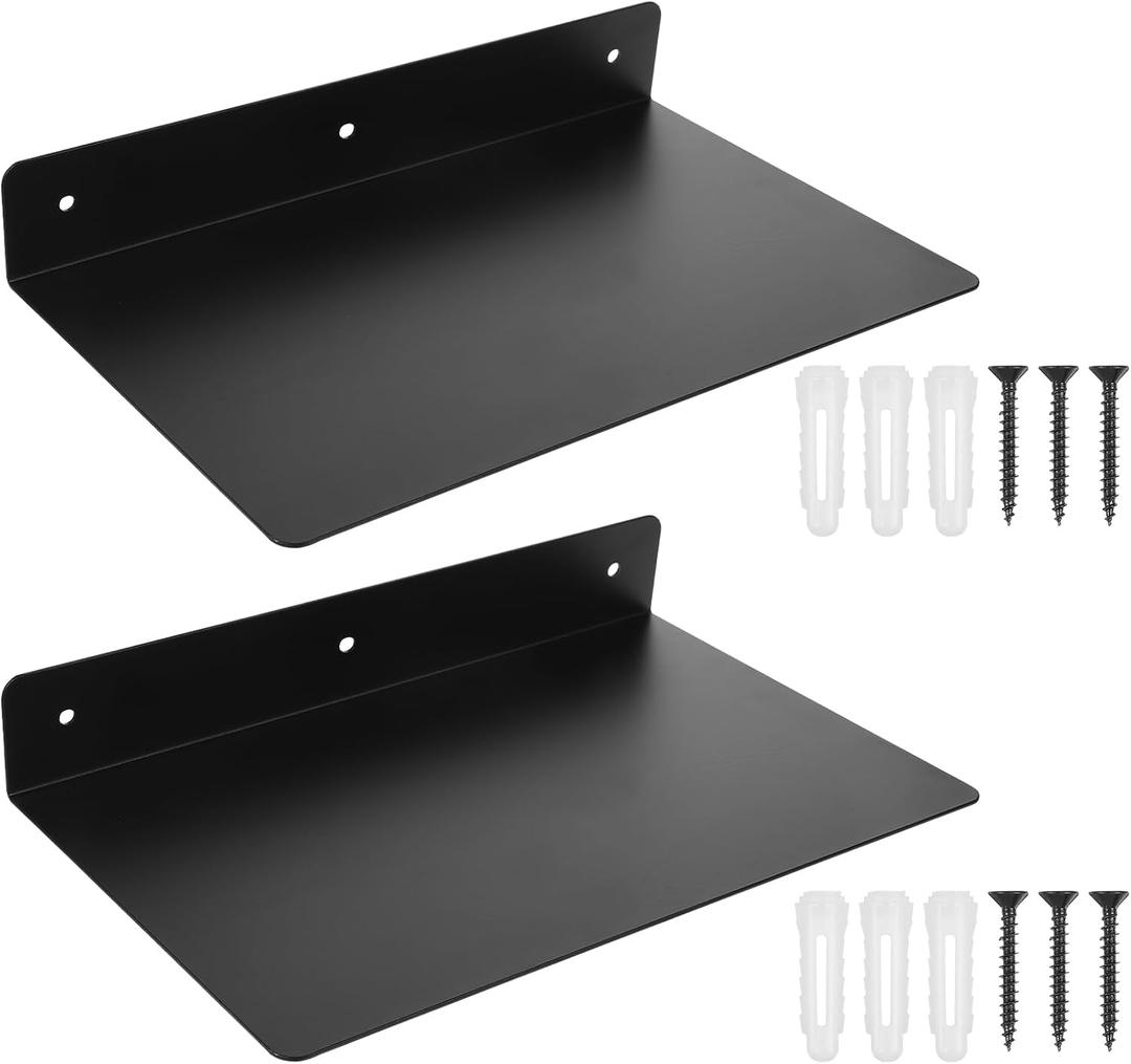 2 Pack Heavy Duty Metal Floating Shelves (12 x 8)  Industrial Black Wall Mounted Shelves for Modern Home & Office Storage