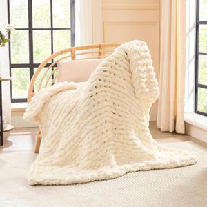 L'AGRATY Chunky Knit Blanket Throw - Soft Chenille Yarn Throw Blanket 40x50: Handmade Thick Cable Crochet Blankets - Large Blankets Chunky Yarn - Rope Knot Throw for Couch Sofa Bed Home Decor (Ivory)
