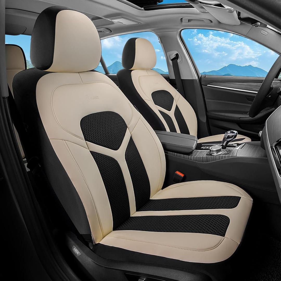 FLORICH Car Seat Covers Front Seat, Universal Seat Cover 2 Seats, Automotive Seat Covers with Mesh Leather, Waterproof Car Seat Protector, Breathable Car Seat Cushion for Most Car SUV Truck Beige
