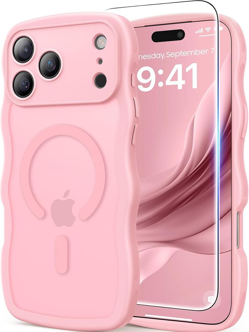3 in 1 Magnetic for iPhone 17 Pro Max Case, Cute Wavy [Full Camera Protection] [Fit for MagSafe] 1X Screen Protector + 1X Wrist Strap, Trendy Women Girly Case for iPhone 17 ProMax 6.9", Peach Pink
