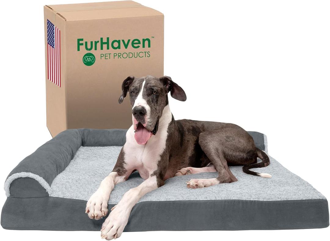 Furhaven Orthopedic Dog Bed for Large Dogs w/ Removable Bolsters & Washable Cover, For Dogs Up to 125 lbs - Two-Tone Plush Faux Fur & Suede L Shaped Chaise - Stone Gray, Jumbo Plus/XXL (53.0"L x 40.0"W x 9.5"Th, (Two-Tone Faux Fur & Suede) Stone Gray)