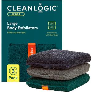 Cleanlogic Sport Exfoliating Body Scrubber, Large Exfoliator Tool for Athletes, Daily Skincare Routine for Smooth Clean Skin, Assorted Colors, 3 Count Value Pack