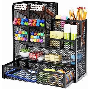 Marbrasse Mesh Pen Holder for Desk, Multi-Functional Pencil Organizer with Drawer, Desk Organizers and Accessories for Office Art Supplies (Black)