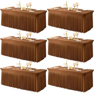 6 Packs Brown Spandex Tableclothes for 8 Foot Rectangle Tables, Wrinkle Free 8ft Fitted Table Cover Stretch Table Cloth Desk Skirt for Weddings Baby Shower Birthday Party Banquet Decorations