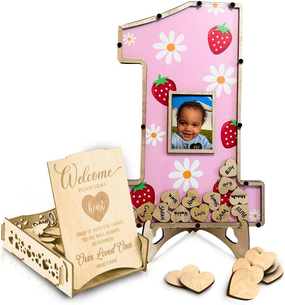 Berry First Birthday -1st Birthday Decorations - Guest Book Alternatives - Number One Shaped Photo Frame Decor - Strawberry Birthday - Sweet One Centerpiece Keepsake (Berry First Birthday)