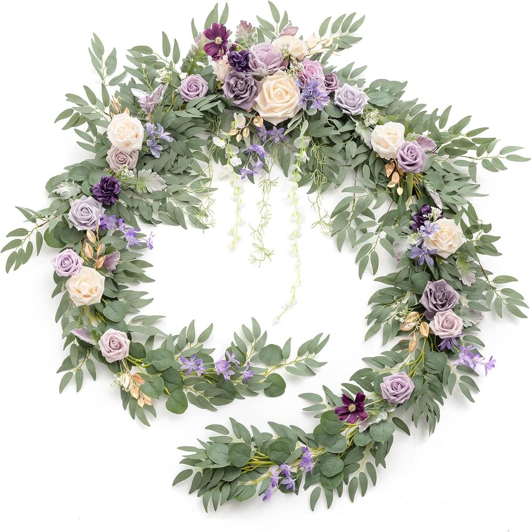 Ling's moment 9FT Flower Garland for Backdrop Decorations - Wedding Arch Flowers, Eucalyptus & Rose, Artificial Floral Garland for Mantel - Sweetheart Table Decor for Ceremony Reception, Lilac & Gold (Prpl-lilac & Cream)