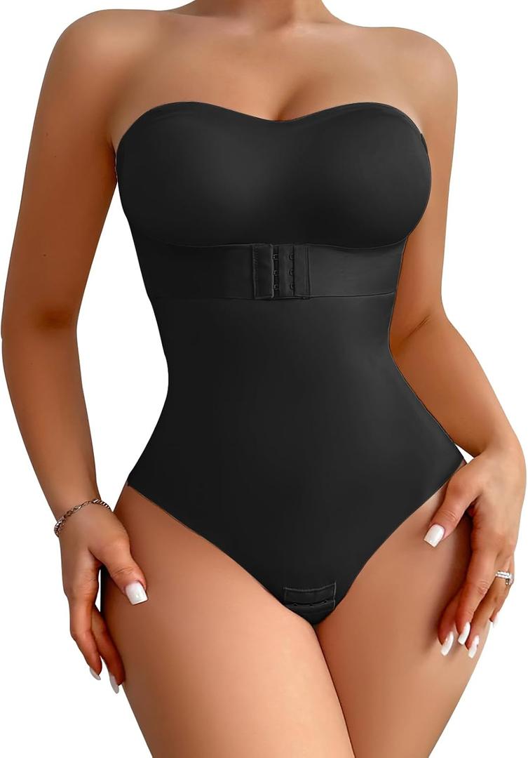 Shapewear Bodysuit Tummy Control Strapless Bra Shapewear for Women Strapless Faja Body Shaper Thong Light Shapewear (Large, Black-bulit in Bra)