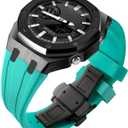 Ga2100 Watch Strap Case Mod Kit Parts,Black Smooth Metal Case Modify Custom Replace Silicone Watch Band Strap Compatible With Casio G shock Ga-2100/Ga-2110/GA-B2100 (Black Case Sea Blue Strap Round-FBA)