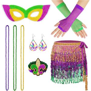 8Pcs Mardi Gras Outfit Accessories Set for Women Mardi Gras Costumes Tassel Sequins Fringe Skirt Beads Necklace Earrings Mask Fishnet Gloves Bracelet Purple