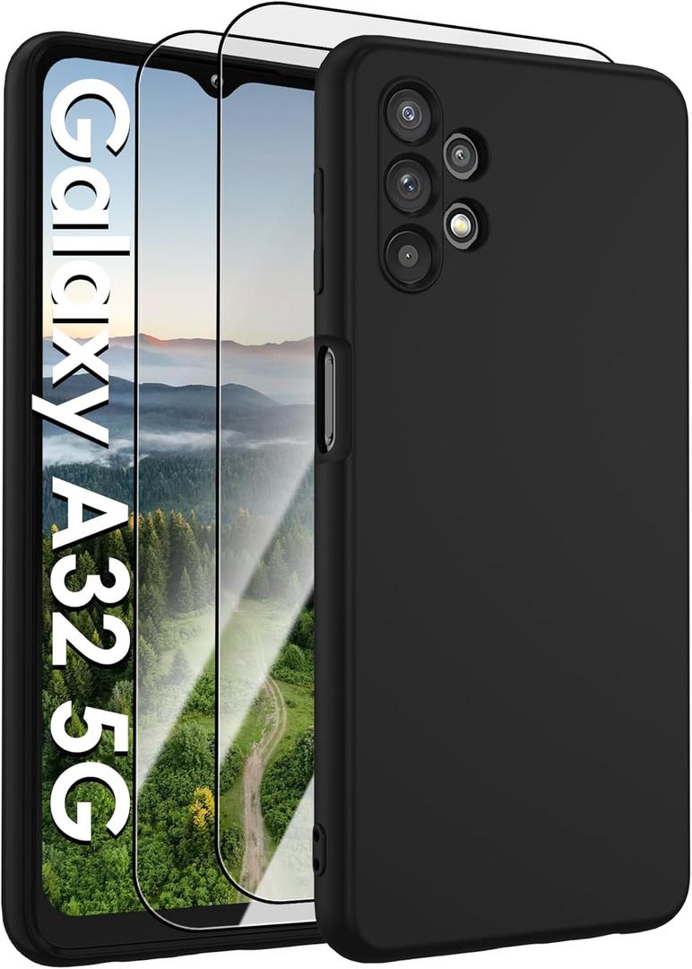 Pilaru for Samsung Galaxy A32 5G/M32 Case,Liquid Silicone Upgrade [Soft Anti-Scratch Microfiber Lining][2 HD Screen Protector][Full Camera Protection] Shockproof Case for 6.5 inch -Black