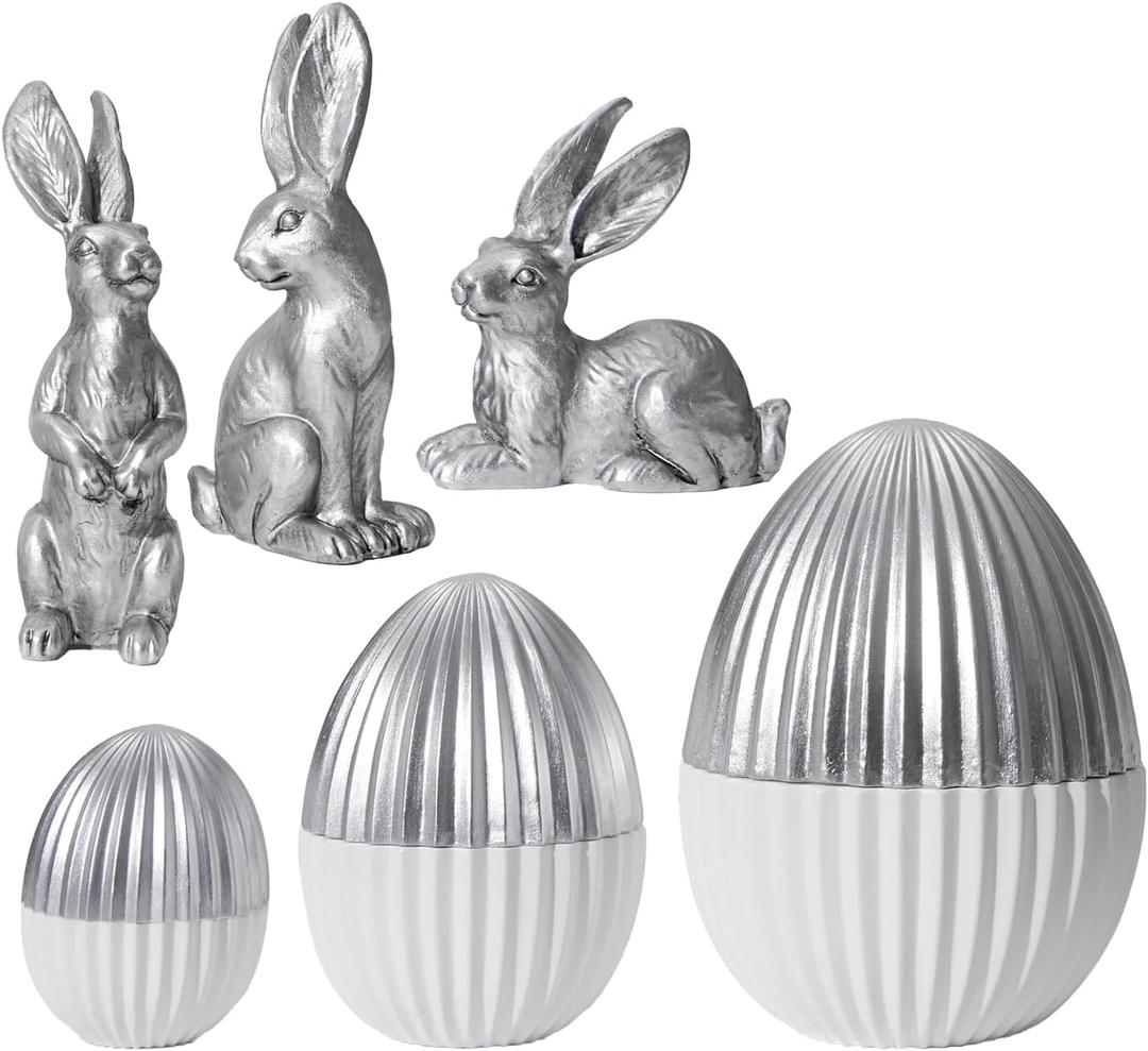 DN DECONATION 6PCS Easter Decorations with 3 Rabbits and 3 Silver Easter Eggs, Small Easter Bunny Figurines, Spring Table Centerpiece Decor Rabbit Statues, Indoor Bunny Decor, Vintage Home Decor (set of 6)