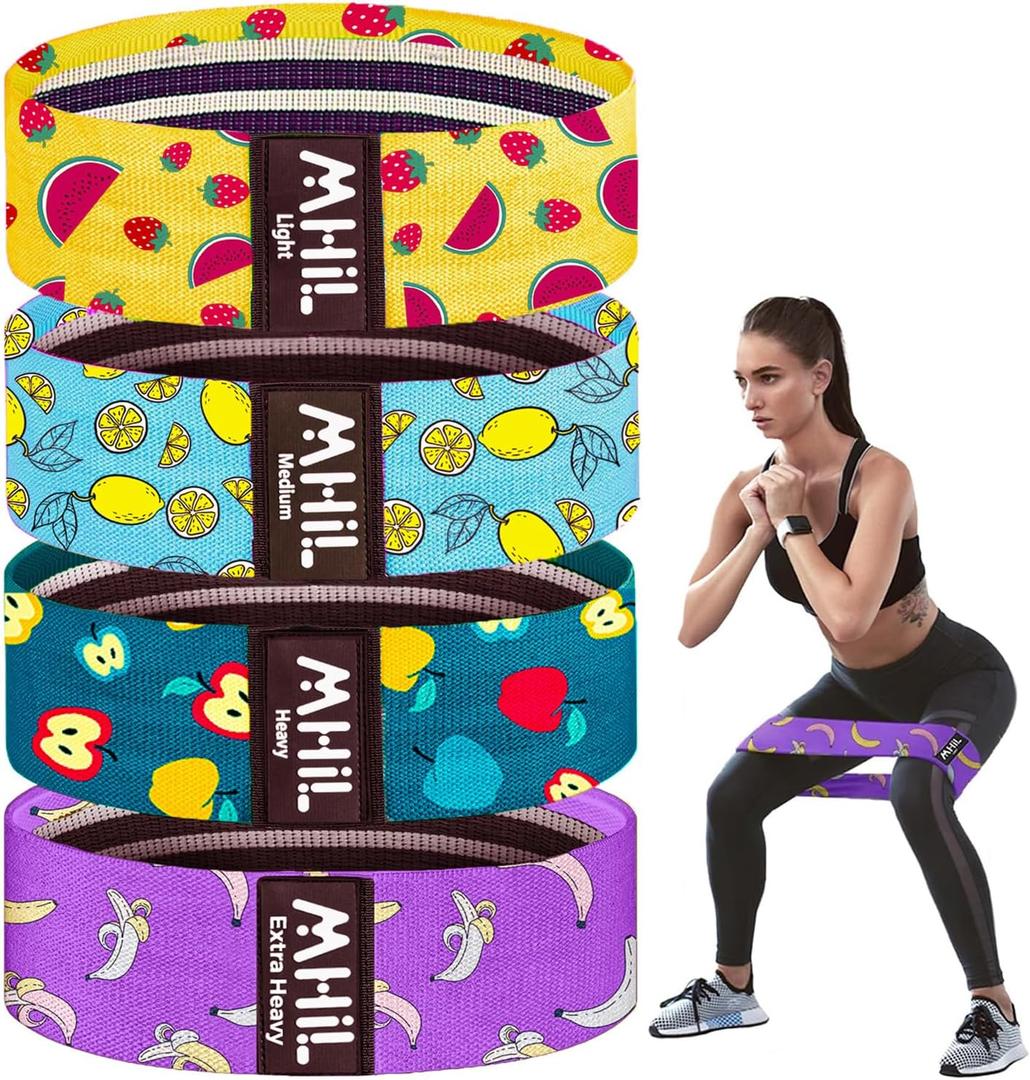 Fabric Resistance Bands for Women & Men  4 Durable Exercise Bands for Working Out, Non-Slip & Non-Pinching Workout Bands  Multiple Resistance Levels Booty Bands for Legs Butt Glutes Hips Abs & More. (Fruits)