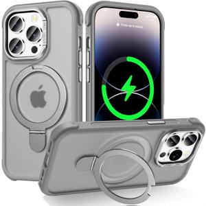 Designed for iPhone 14 Pro Case with Magnetic Stand, [Military Drop Protection][Great Grip Feeling] Matte Translucent Back Slim Shockproof Phone Cover for iPhone 14 Pro 6.1", Grey