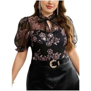 WDIRARA Women's Plus Size Mesh Patchwork Pearls Blouse Tie Neck Puff Short Sleeve Top 2XL