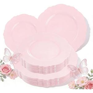 WDF 60pcs Pink Plastic Plates - Baroque Pink Disposable Plates Including 30 Dinner Plates 10.25inch, 30 Dessert Plates 7.5inch for Upscale Wedding/Baby Shower/Spring/Mother's Day