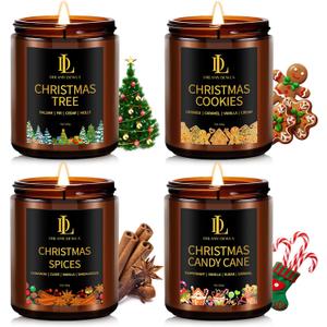 Holiday Candle Set, Scented Candle for Home, 4 Pack Soy Candles Gifts for Women Men, Scents of Christmas Tree/Cookies/Spices/Candy Cane