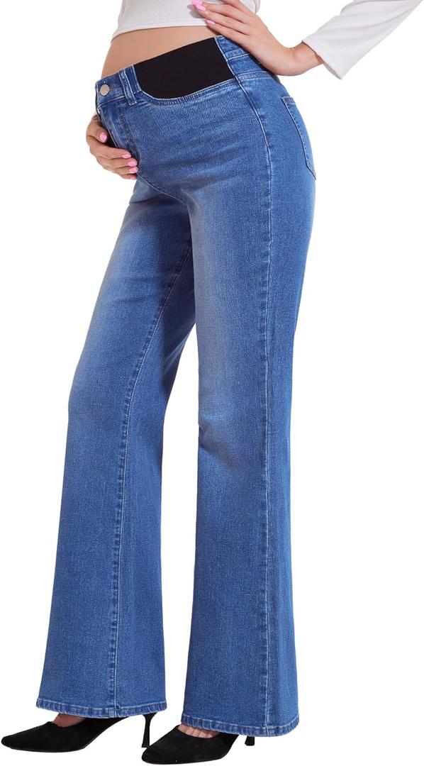 PACBREEZE Women's Maternity Flare Jeans Mid-Rise Stretchy Bell Bootcut Jeans Denim Pregnancy Pants (Dark Blue, Medium)