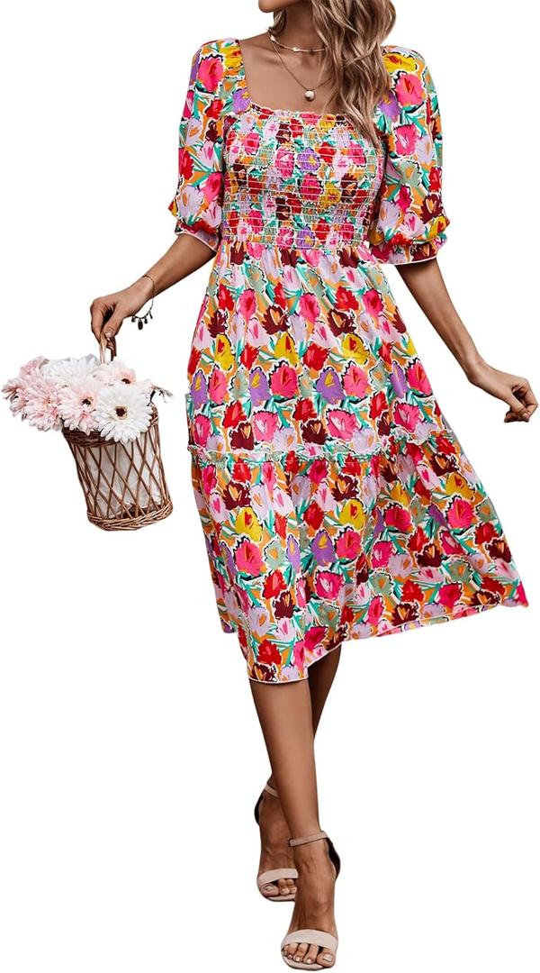PRETTYGARDEN Women's Summer Casual Dresses 2026 Spring Puff Sleeve Square Neck A Line Flowy Boho Floral Smocked Midi Dress