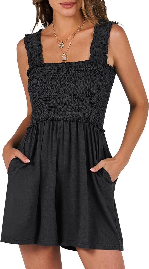 Caracilia Women's Summer Casual Smocked Rompers Square Neck Sleeveless Loose Shorts Jumpsuit 2026 Beach Vacation Outfits (Large, Black)