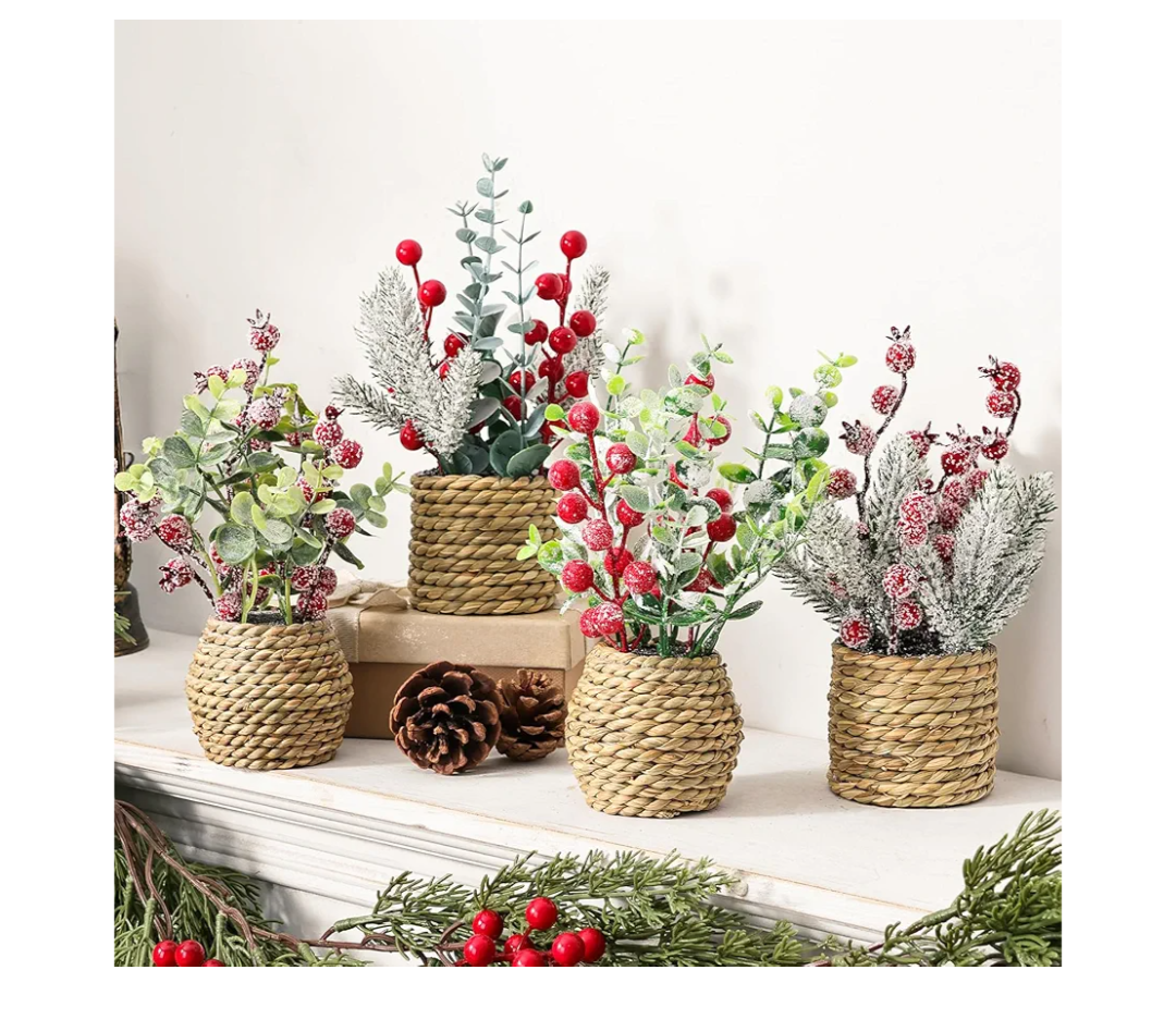 4 Pack Christmas Table Decorations, 9" Small Christmas Tree with Pine Cone Berry, Rustic Handcrafted Straw Weaving Pot Artificial Tree Tabletop Centerpieces for Home Indoor Fireplace Mantel Xmas Decor