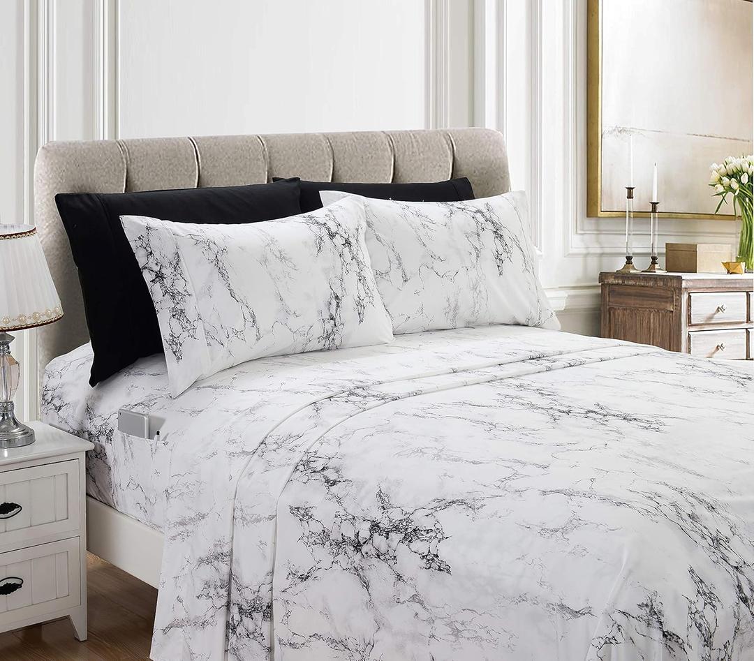 Elegant Comfort Eloise Marble Printed 6-Piece Sheet Set, 1500 Premium Hotel Quality Microfiber, Soft, Wrinkle and Fade Resistant, Fitted Sheets with Smart Pockets, Marble Sheet Set, Queen, White (Marble White)