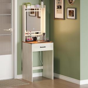 Small Farmhouse Makeup Vanity Desk with 3 Adjustable Lighted Mirror Narrow Vanity Table for Small Space (Antique White)