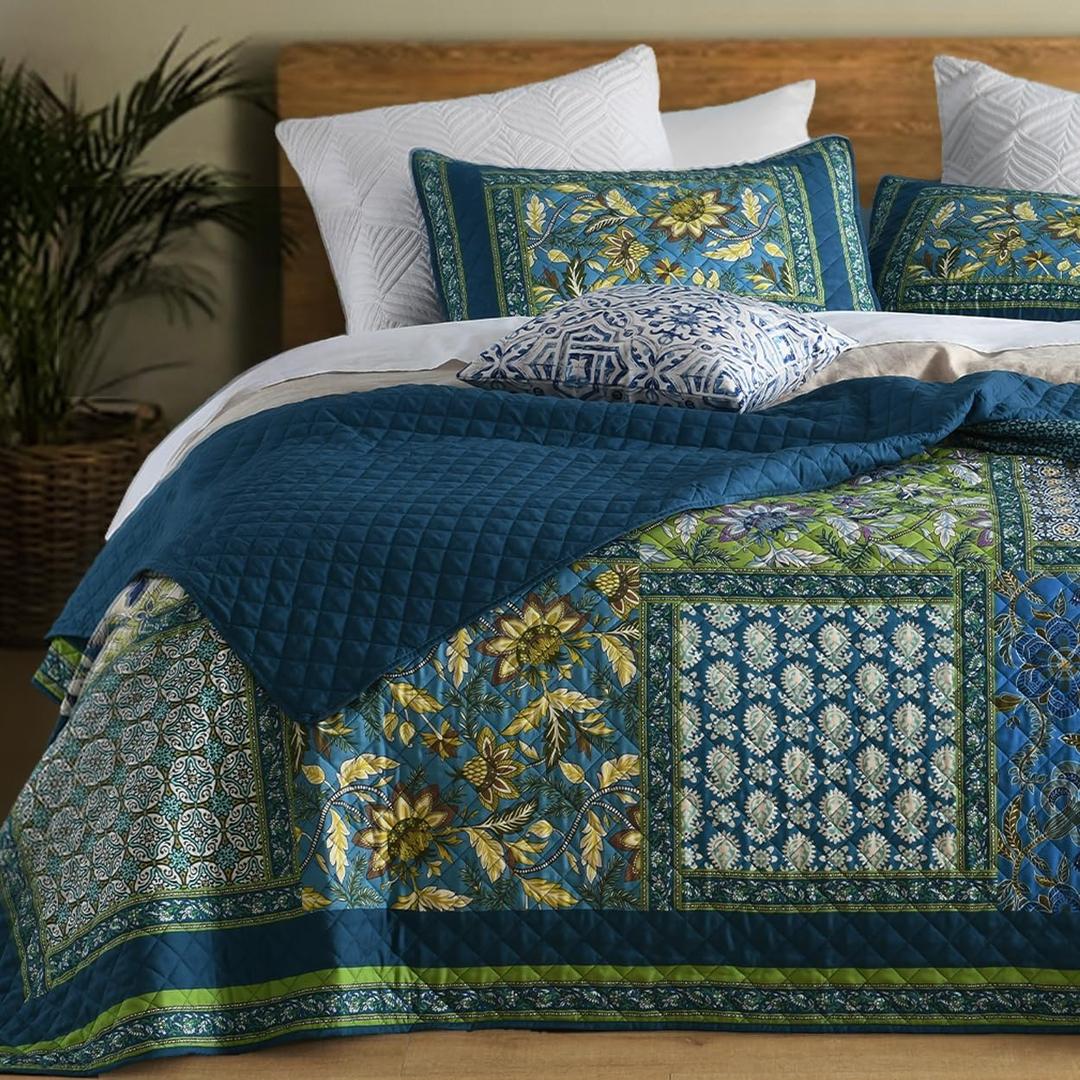 TEXSTEAD King Quilt Set for Bed - 100% Cotton Quilts Patchwork Comforter Coverlet Bedspread Reversible 90"x104" with 2 Pillow Shams (Bule)