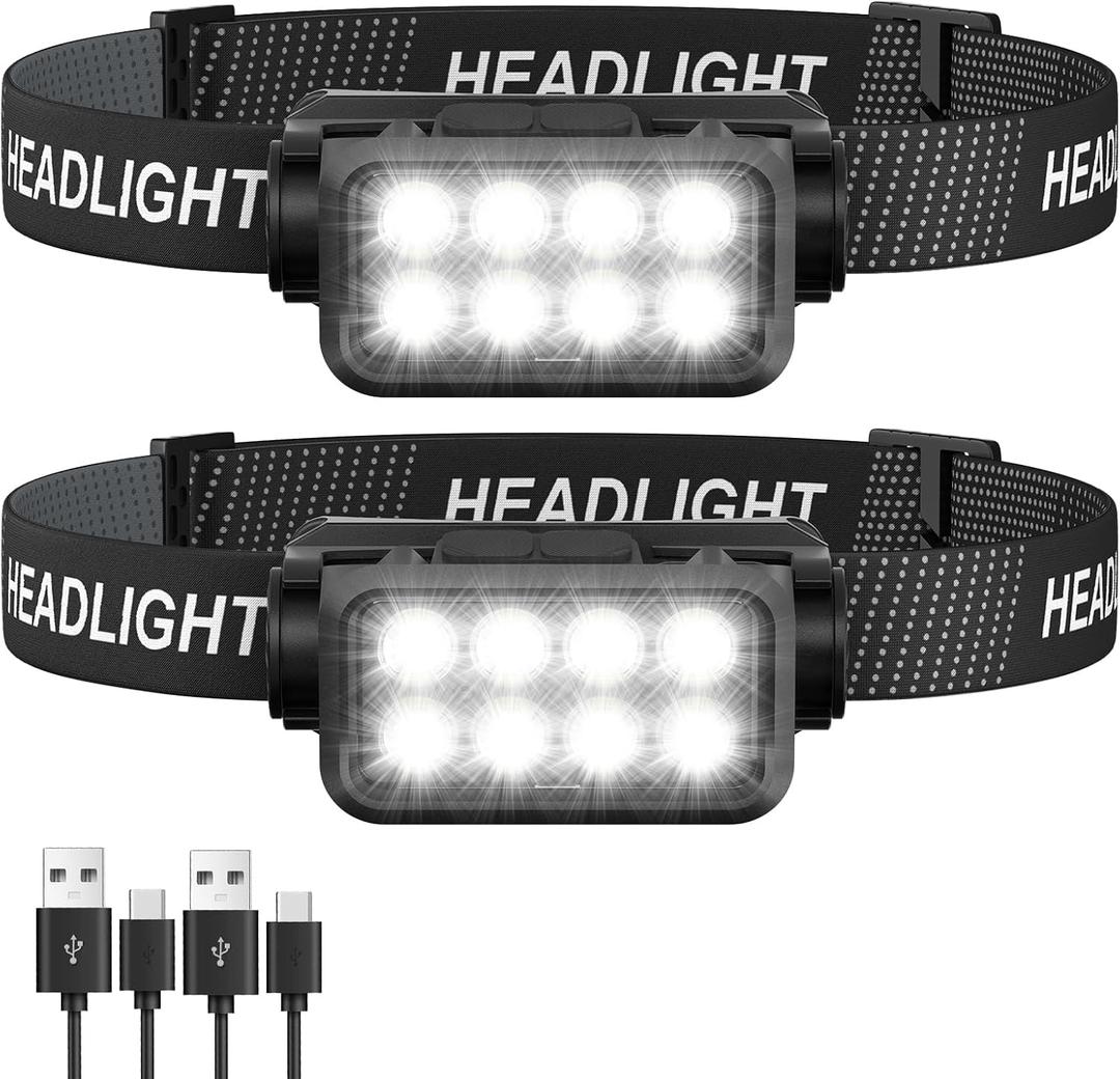 Rechargeable Headlamp Flashlight 2-Pack, 8 LED 2500 Lumen Ultra-Light Bright Headlight with Motion Sensor, Waterproof Lightweight Head Lamp for Adult Kid, Headlamps for Outdoor Camping Running Fishing