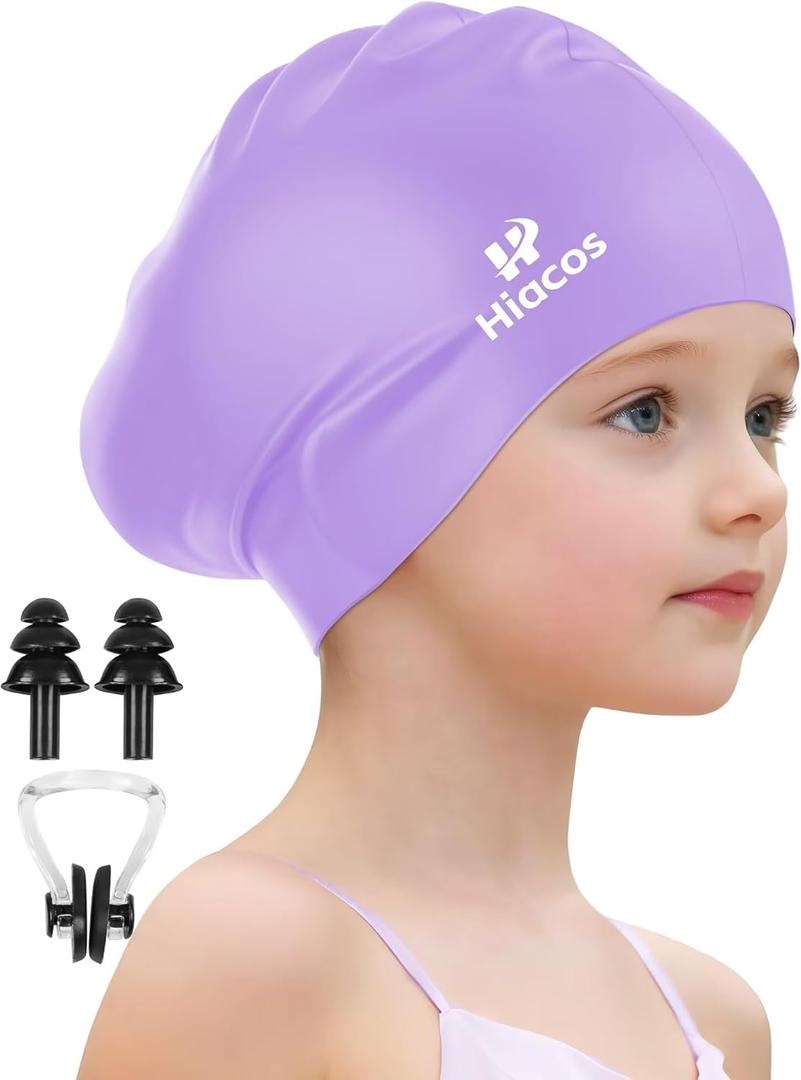 Kids Swim Cap for Girls Boys, 2 Size Silicone Swimming Cap for Long Hair, Waterproof Swim Hats for Toddlers Children Teens to Keep Hair Dry (3T-8T, Purple)