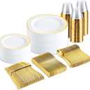 BUCLA 300PCS Gold Disposable Dinnerware Set - White and Gold Plastic Plates - Include 50 Each (Dinner&Dessert) Plates,50 Knives,50 Forks,50 Spoons,50 Cups for Party