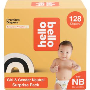 Hello Bello Newborn Premium Diapers, (Size NB - Up to 10 lbs) Surprise Pack for Girls - 128 Count, Hypoallergenic with Soft, Cloth-Like Feel - Assorted Girl & Gender Neutral Patterns