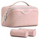 BOYATU Travel Makeup Bag Cosmetic Bags for Women: Large Capacity 3 Pcs Set Make up Bag with Compartments - Waterproof Vegan Leather Toiletry Organizer Bags with Handle (L02 Light Pink)