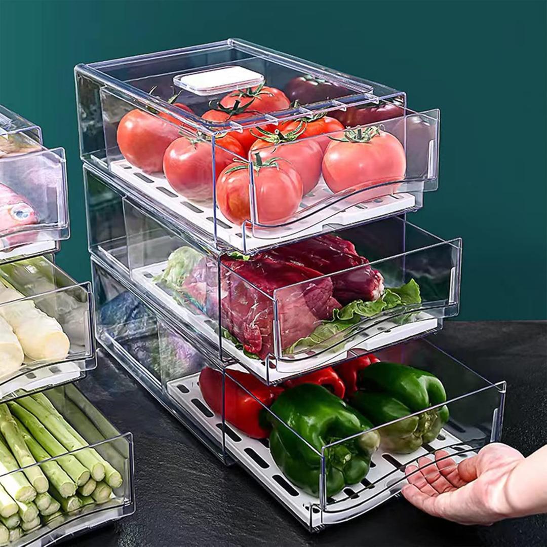 Diskary Fridge Organizer, Stackable Refrigerator Organizer Bins, Reusable Food Storage Containers, Fridge Drawer Organizer in Home Kitchen, Barbecue Shop, Restaurant, BPA-Free (2 Drawers, Large) Transparent